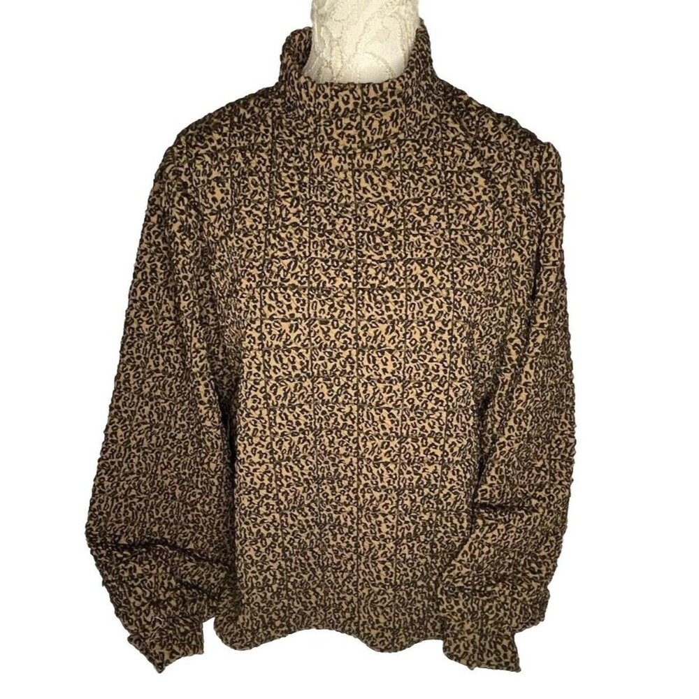 Zara Women's Sz Large Quilted Puffy Leopard Print Turtleneck Long Sleeve Sweater